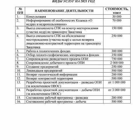 Оказание услуг в сфере недропользования